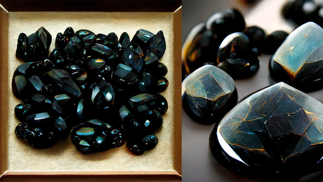 Pedra ônix polida com reflexos escuros, usada para proteção e equilíbrio.