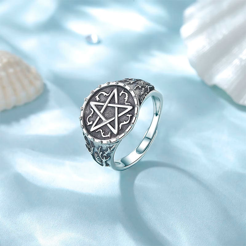 Anel Prata Feminino Pentagrama Visto de Cima