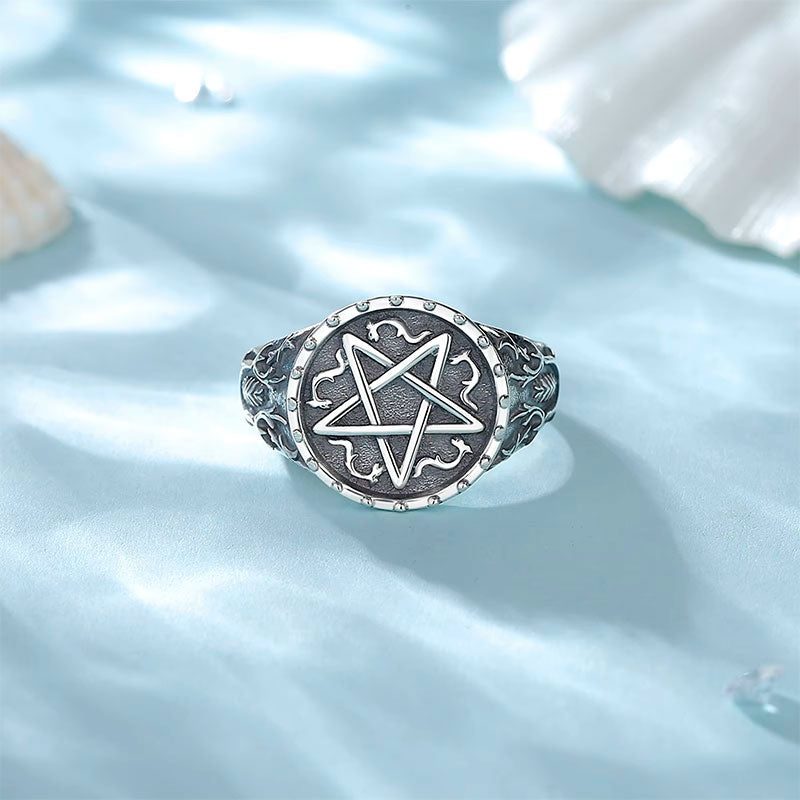 Anel Prata Feminino Pentagrama Visto de Frente
