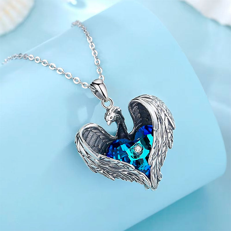 Colar Prata Fênix Cristal Sob Superfície Azul