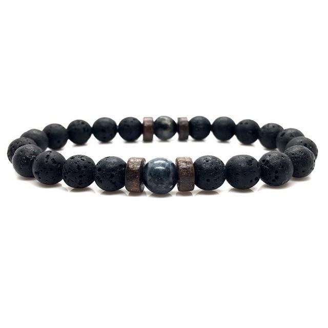 Pulseira Masculina de Lava Vulcânica com Pedra da Lua Preta